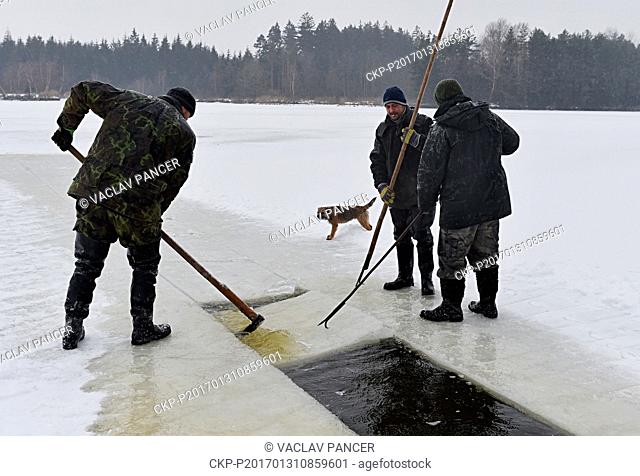 Fishermen cut through the ice on the Dolni velky pond at Zar, Czech Republic, on Monday, January 31, 2017. More than 20cm thick ice is being cut in the blocks...
