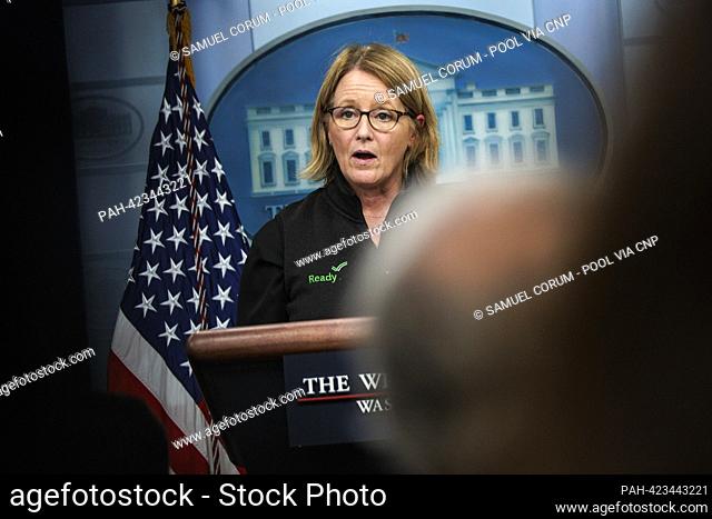 Federal Emergency Management Agency (FEMA) Administrator Deanne Criswell speaks during the daily press briefing in the James S