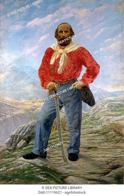 Portrait of Garibaldi with a saber and a red shirt, by Salvatore Li Greci. Unification era, Italy, 19th century.  Palermo