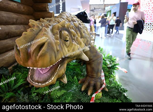 RUSSIA, MOSCOW - NOVEMBER 1, 2023: A dinosaur model is seen in the pavilion for the International Russia Expo, which is to be held at the VDNKh Exhibition...