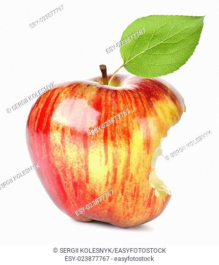 Red apple eaten with a bite, isolated on white background