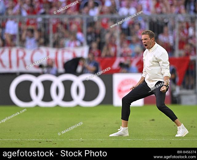 Coach Julian Nagelsmann FC Bayern Munich FCB Goal celebration, perimeter advertising Audi, logo, Allianz Arena, Munich, Bayern, Germany, Europe