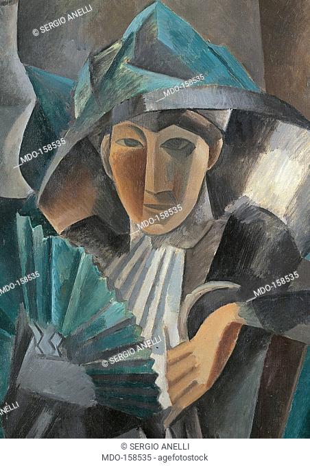 Woman with Fan, by Pablo Picasso, 1909, 20th Century, oil on canvas, cm 101 x 81. Russia, Moscow, Pushkin Museum. Detail