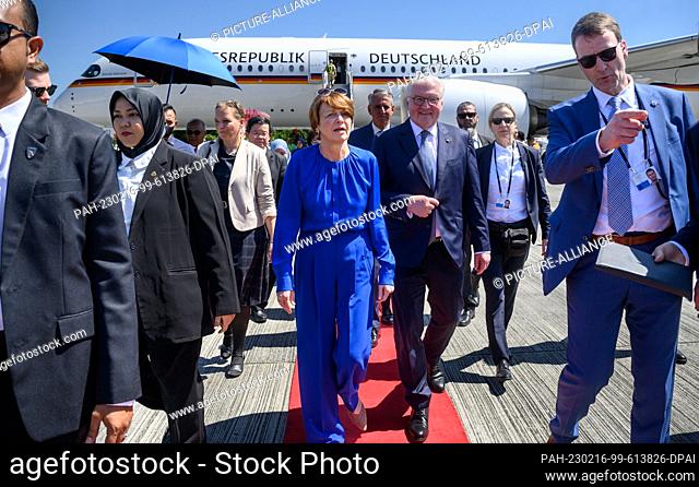 16 February 2023, Malaysia, Penang: German President Frank-Walter Steinmeier and his wife Elke Büdenbender arrive at Penang International Airport