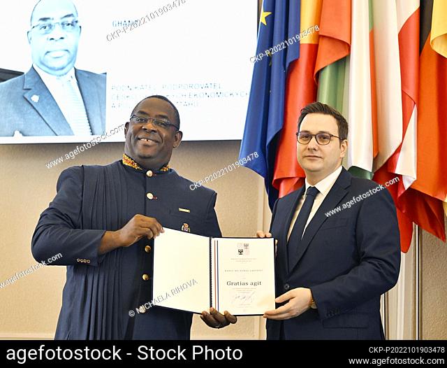 Czech Foreign Affairs Minister Jan Lipavsky, right, gives the Gratias Agit award to Karl Nii Ayikai Laryea, businessman and supporter of Czech-Ghan economic and...