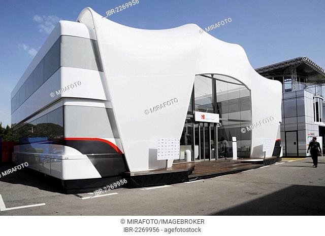 Team Sauber hospitality motorhome in the paddock, during the qualifying for the Spanish Grand Prix, Circuit de Catalunya race course in Montmelo, Spain, Europe