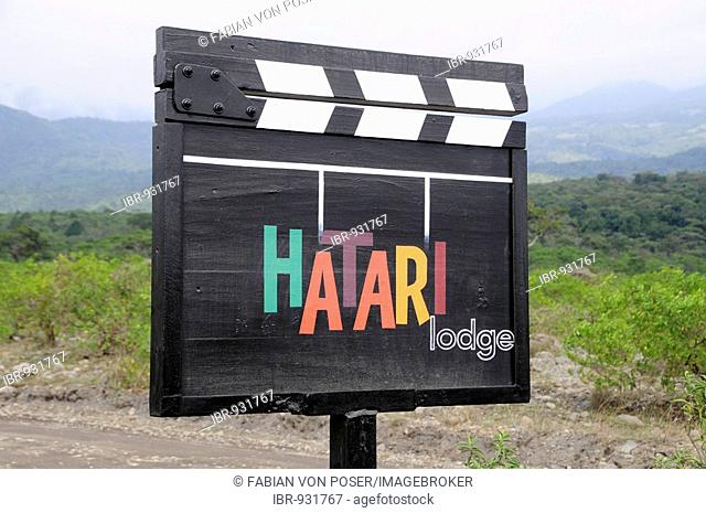 Sign at the entrance to Hatari Lodge, former Momella Farm of Hardy Krueger sen., Arusha National Park, Tanzania, Africa