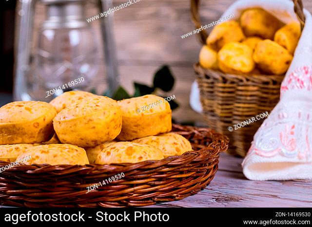 Brazilian cheese bread, chipa in basket on table