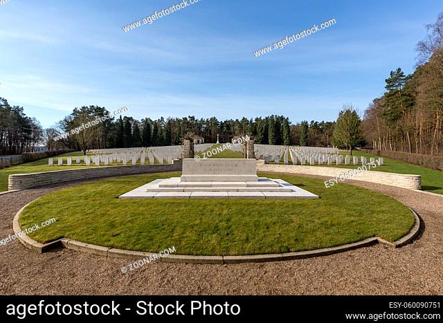 Becklingen, Germany - April 2, 2018: Altar Stone and gravestones at the British War Cemetery in Becklingen
