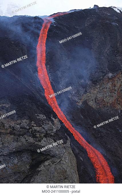Molten lava flows from Eyjafjallajokull Fimmvorduhals Iceland