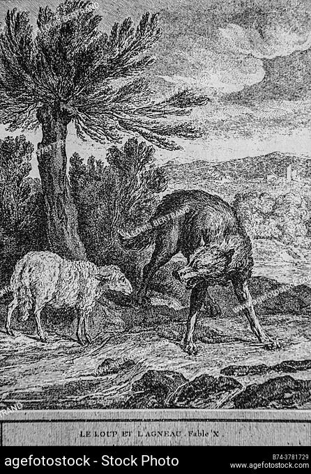 the wolf and the lamb, fables of the fountain, publisher talan, dier 1904, drawing by j. b. oudry