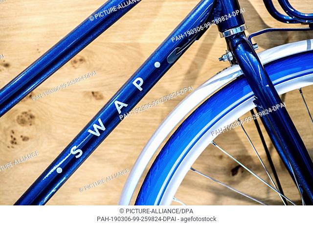 01 March 2019, Lower Saxony, Oldenburg: A bicycle with the inscription ""Swap"" on the frame stands in a branch of the Swapfiets company