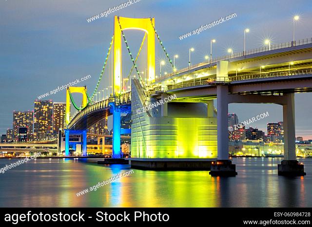Rainbow bridge from Odaiba Tokyo at dusk in Japan