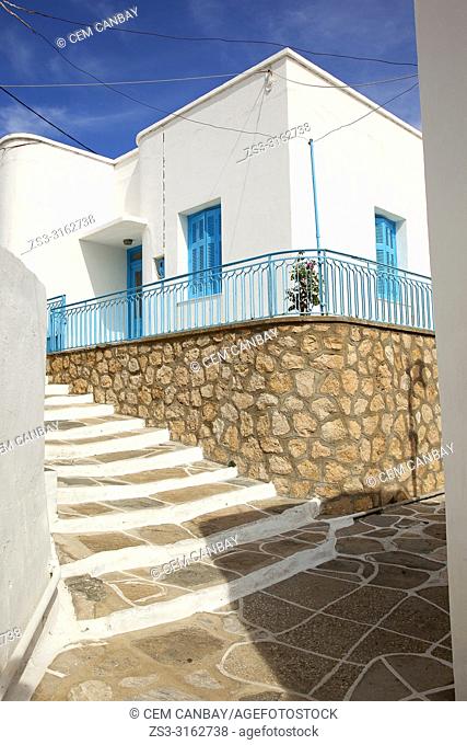 Stairs leading to a whitewashed house in Ano Petali or Pano Petali village, Sifnos Island, Cyclades Islands, Greek Islands, Greece, Europe