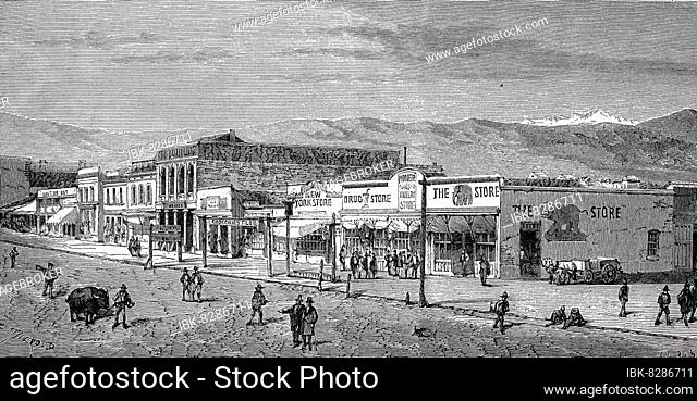 One of the business streets in Salt Lake City circa (1862), America, Historic, digitally restored reproduction of a 19th century original, Exact date unknown