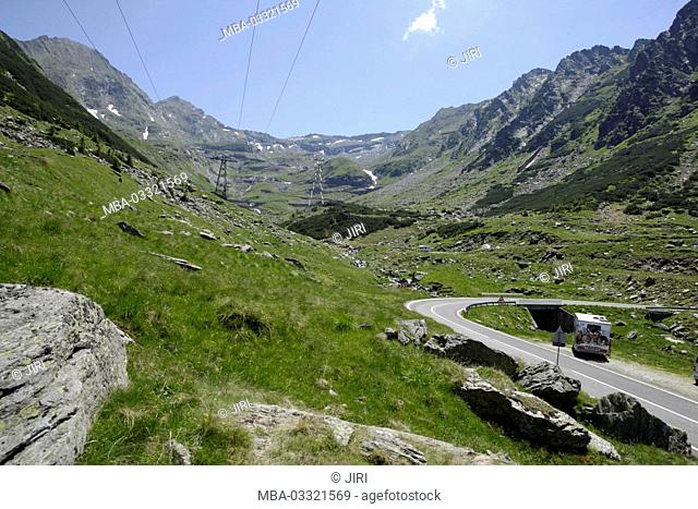 Mountain road, serpentine roads, power supply line, scenery, spring, Valea Caprei, Sibiu, Romania, Europe