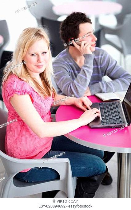 Two college students having fun studying together, using a laptop computer on campus, between classes