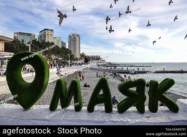 RUSSIA, SOCHI - DECEMBER 3, 2023: Birds fly over the Mayak beach by the Black Sea. According to the website of the Sochi administration