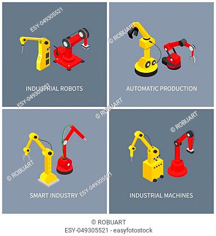 Industrial robots and smart automatic machine set, vector illustration of modern industry that using latest technology to producing various products