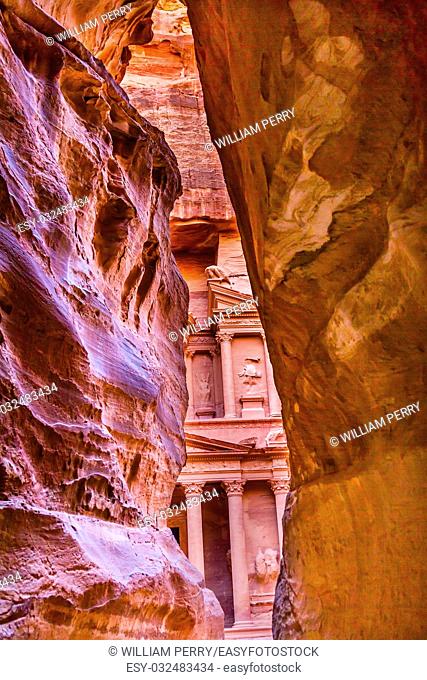 Outer Siq Rose Red Pink Treasury Afternoon Petra Jordan Petra Jordan. Treasury built by the Nabataens in 100 BC. Yellow Canyon becomes rose red when sun goes