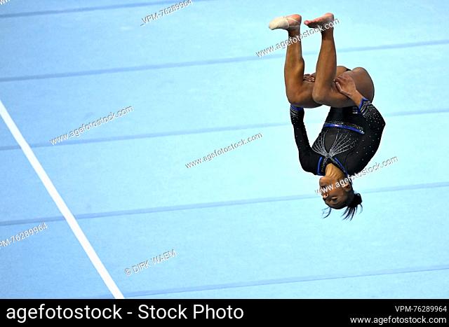 French Melanie De Jesus Dos Santos pictured in action at the floor during the women's team final at the Artistic Gymnastics World Championships, in Antwerp