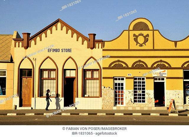 Street scene in front of old colonial facades in the Backer Street, Swakopmund, Namibia, Africa
