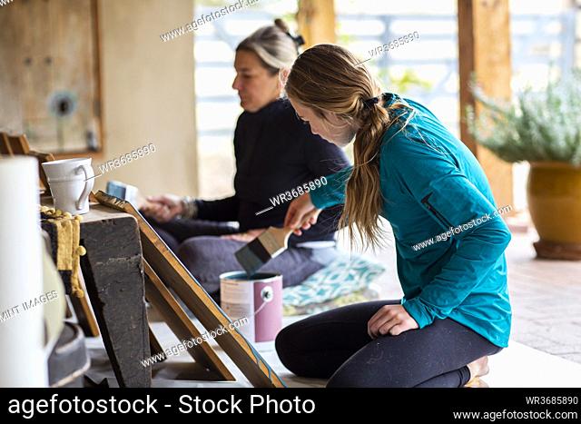 Teenage girl and her mother painting wooden shelves blue on a terrace
