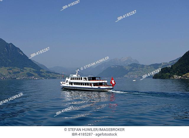 Panorama ship MS Weggis with Kleiner and Grosser Mythen mountains behind, Lake Lucerne, near Brunnen, Canton of Schwyz, Switzerland