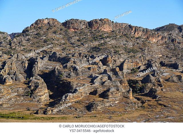 Eroded sandstone rock formations at Isalo National Park, Fianarantsoa province, Ihorombe Region, Southern Madagascar
