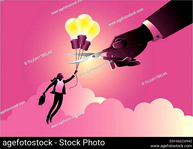 An Illustration of A businesswoman flying on idea balloon, hand cutting balloon rope with scissors. Business intervene concept