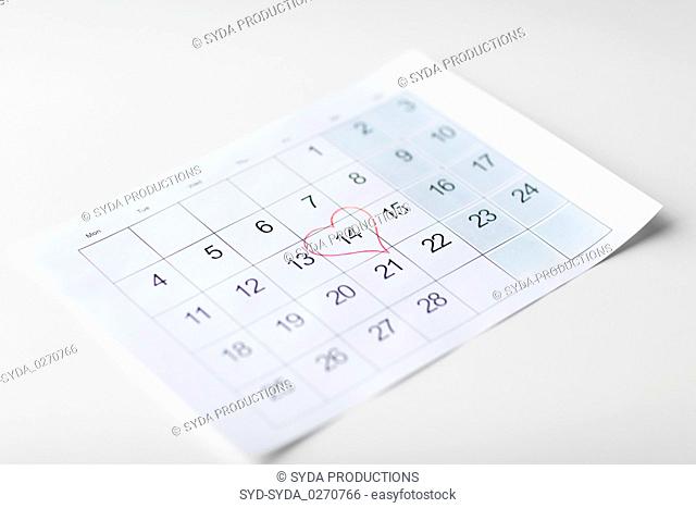 close up of 14th february date in calendar