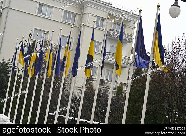 Illustration picture shows Ukrainian and European Union EU flags in Kyiv, during a visit of the Belgian Prime Minister and Belgian Foreign Minister to Kyiv