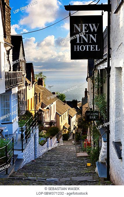England, Devon, Clovelly. New Inn Hotel on Clovelly's steep, narrow, cobbled high street