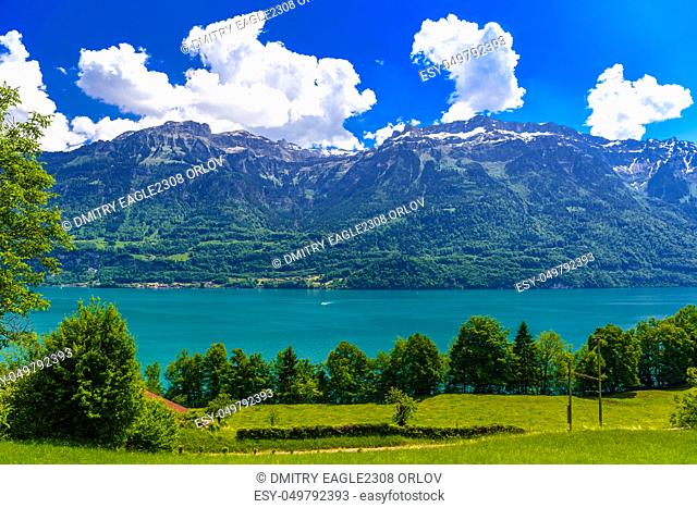 Clear transparent azure Lake Brienz in Oberried am Brienzersee, Interlaken-Oberhasli, Bern, Switzerland