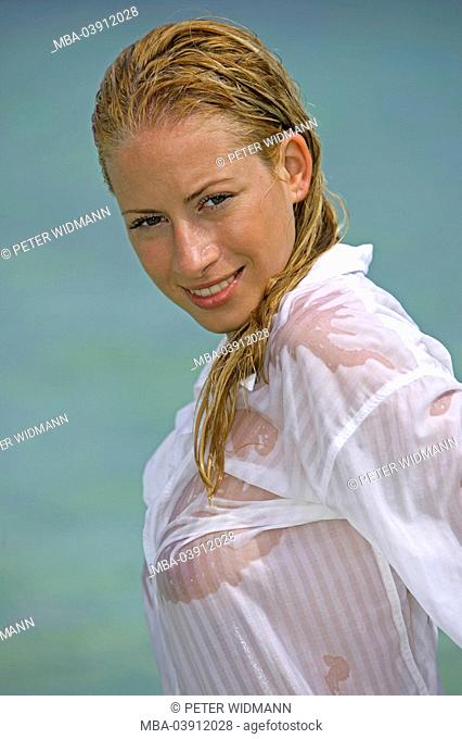 woman, young, blond, lake, clothing, blouse, wet, portrait