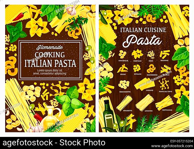 Italian cuisine pasta cooking ingredients and spices. Vector traditional Italian homemade pasta conchiglie, farfalle and orzo risoni