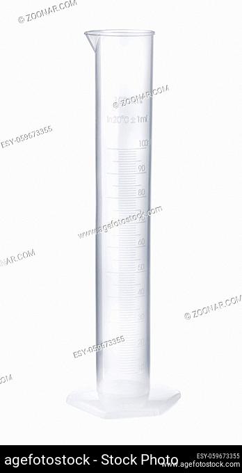 Empty plastic measuring cylinder isolated on white