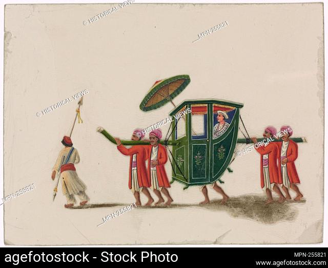 Closed green palanquin with umbrella, male passenger, four bearers in red robes, and one attendant. Indian coloured drawings: a collection of 177 original...