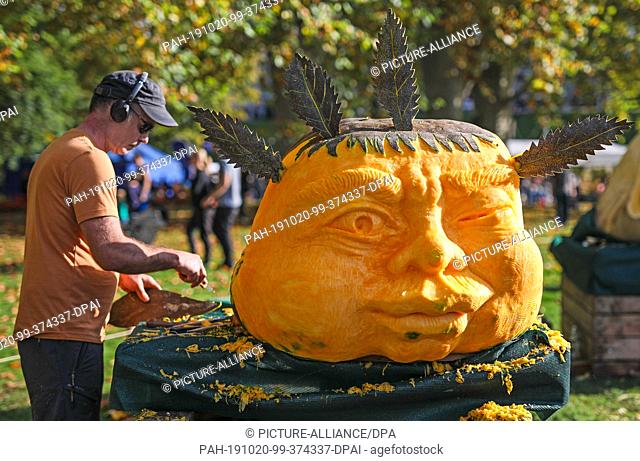 20 October 2019, Baden-Wuerttemberg, Ludwigsburg: Artist Fergus Mulvany carves his pumpkin at the Giant Pumpkin Carving Festival in the blooming Baroque