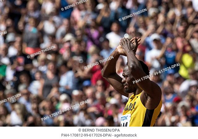 Jamaican athlete Usain Bolt prepares for the 4 x 100 metre relay race event at the IAAF World Championships in London, UK, 12Â August 2017