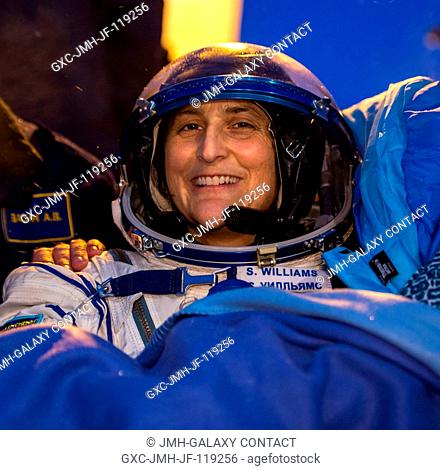 Expedition 33 Commander Sunita Williams of NASA smiles as she rest in a chair outside the Soyuz Capsule after she and Flight Engineers Yuri Malenchenko of...