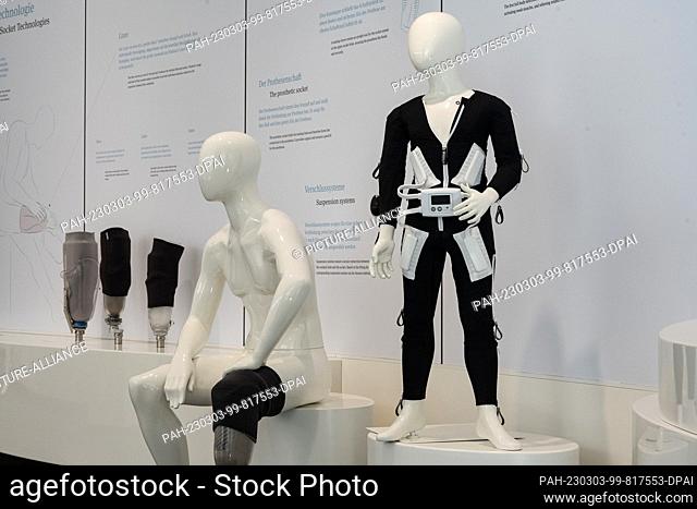 02 March 2023, Lower Saxony, Duderstadt: A full-body neuromudaltion suit ""Exopulse Moolli Suit"" is on display in the showroom at the company headquarters of...
