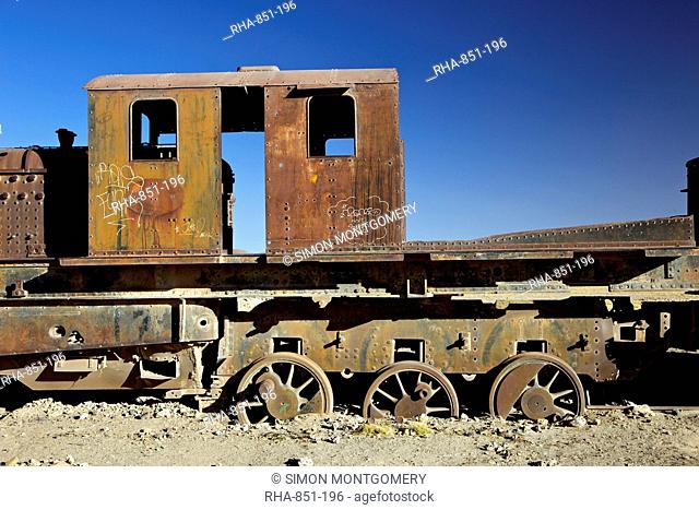 Rusting old steam locomotives at the Train cemetery train graveyard, Uyuni, Southwest, Bolivia, South America