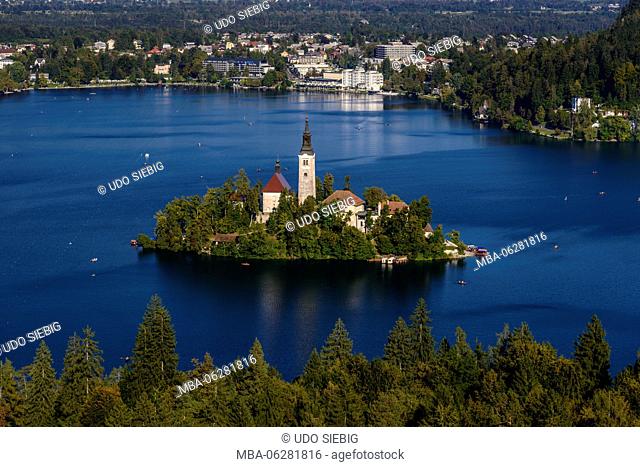 Slovenia, Gorenjska, Upper Carniola, Bled, Lake Bled, island Blejski Otok with Assumption of Mary Pilgrimage Church, view from Osojnica