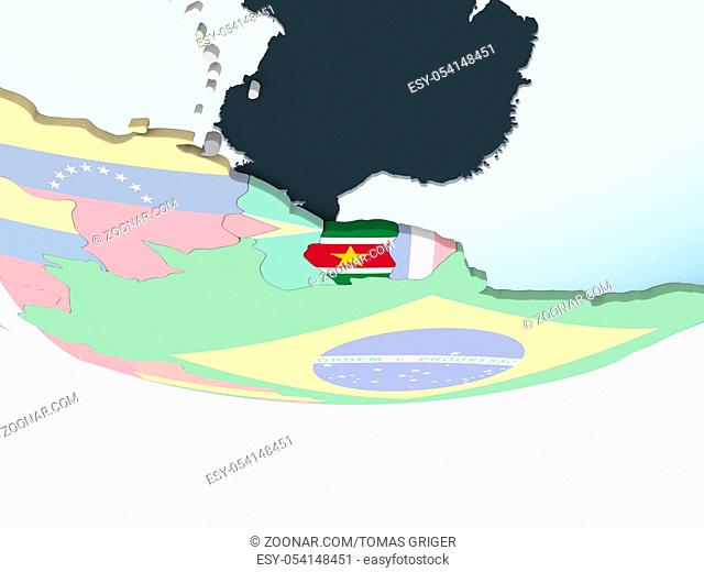Suriname on bright political globe with embedded flag. 3D illustration