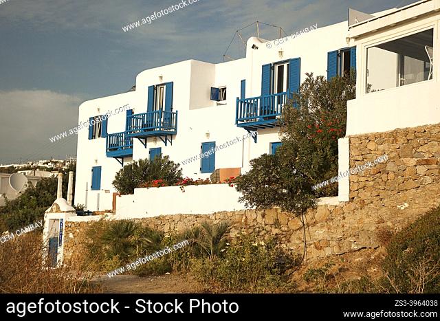 Whitewashed houses with balconies at the old town, Mykonos Island, Cyclades Islands, Greek Islands, Greece, Europe