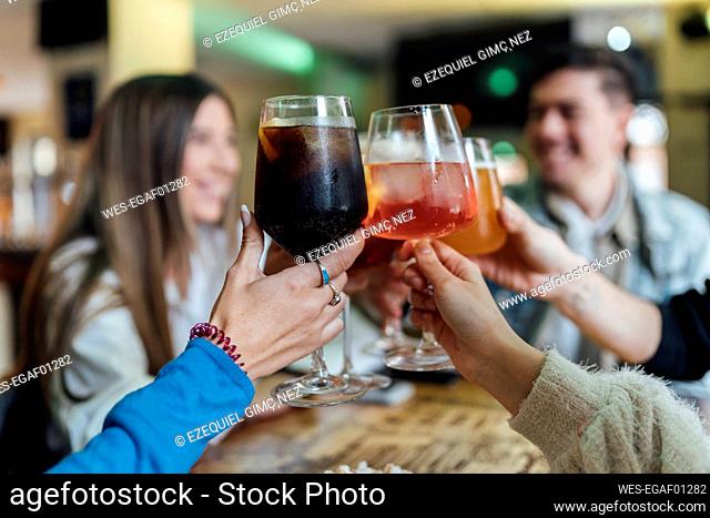 Friends toasting drink over table in bar