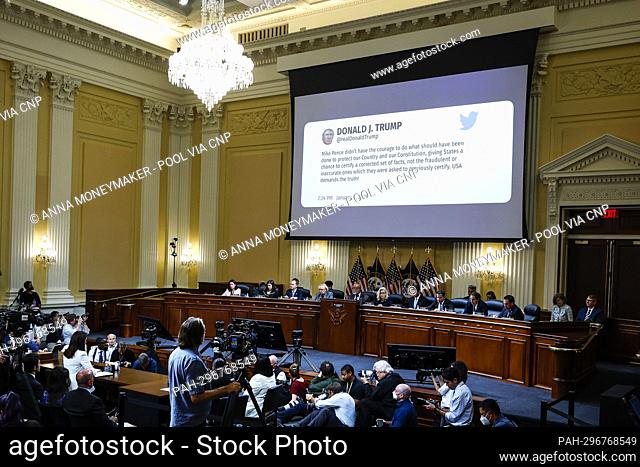 WASHINGTON, DC - JUNE 28: A tweet from former President Donald Trump is displayed as Cassidy Hutchinson, a top former aide to Trump White House Chief of Staff...