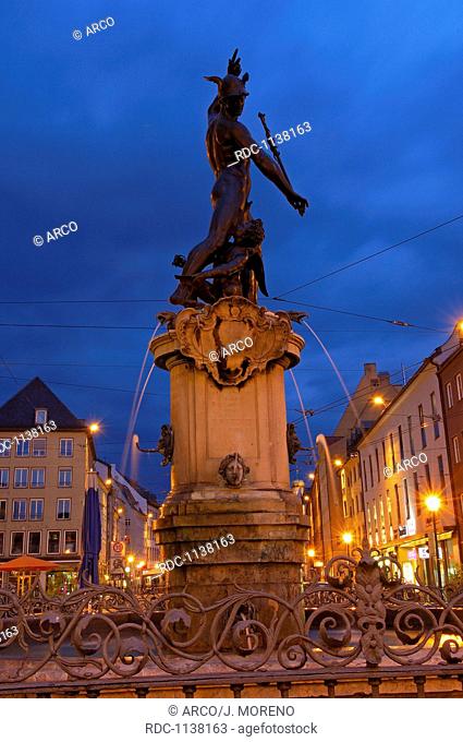 Augsburg, Moritzplatz, Market square, Maximilianstrasse, Maximilian street, Mercury Fountain, Romantic Road, Romantische Strasse, Swabia, Bavaria, Germany