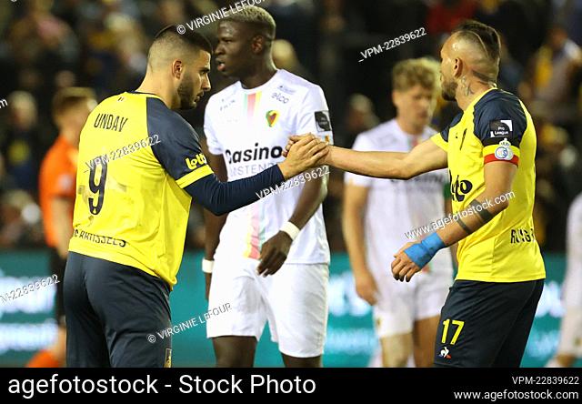 Union's Deniz Undav and Union's Teddy Teuma celebrate after scoring during a soccer match between Royale Union Saint-Gilloise and KV Oostende